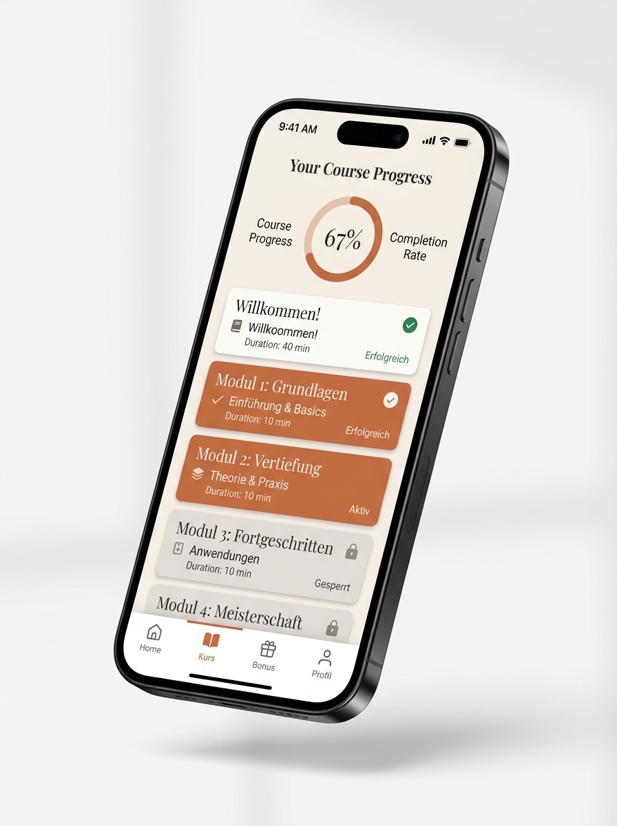 Kurs-App Mockup mit Fortschritts-Tracking und Modulübersicht